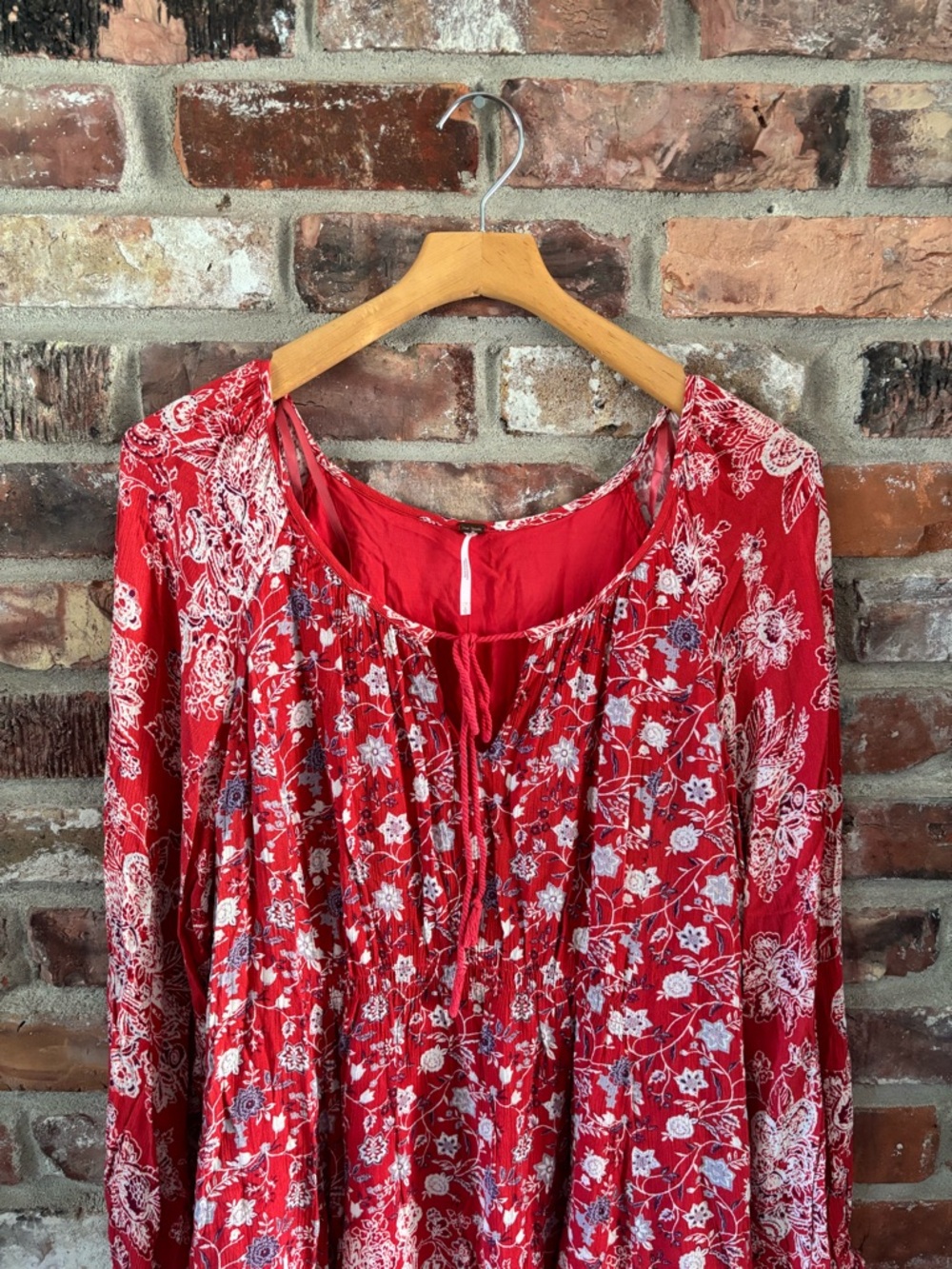 Free People Red Floral Boho Long Sleeve Mini Dress - Picture 3 of 7